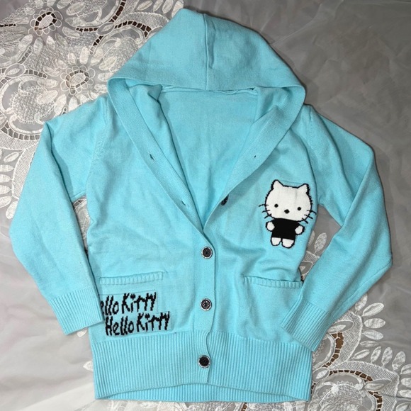 Sanrio Sweaters - Sanrio Hello Kitty Hooded Cardigan Sweater Light Blue Button Front Y2K Style